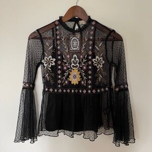 Altar'd State Black Embellished Blouse Bell Sleeves & Ruffled Collar - Size XS